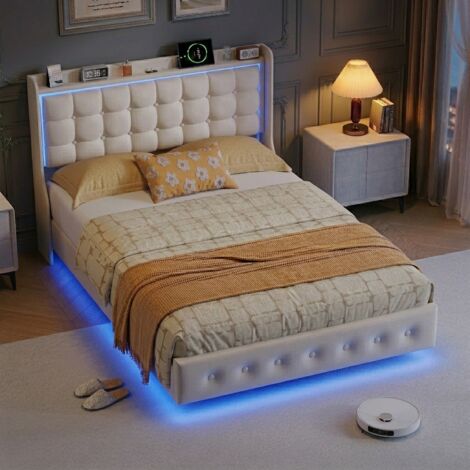 Cama 160x200 cm, cama para adultos, cama matrimoniales, cama tapizada, con somier de láminas, puertos LED y USB, tela de terciopelo, blanco