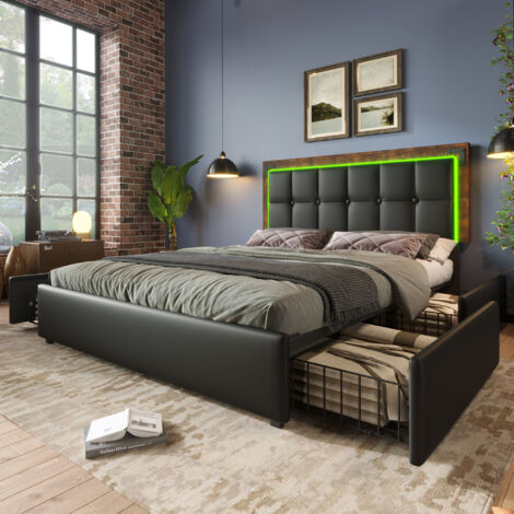 Cama 160x200 cm con cajones LED 4 cajones somier funcional cabecero regulable en PU negro (colchón incluido)