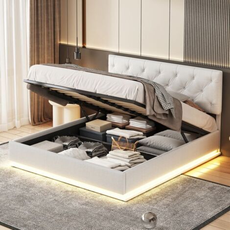 Cama 160x200 cm con somier y caja de almacenamiento, Cama para adultos con LED integrada, Cabecera ajustable, Cama de 2 plazas, Lino Beige