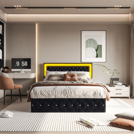 Cama 160x200 cm - LED - tejido de terciopelo - somier de láminas - estructura de cama para adultos 160x200 cm - negro