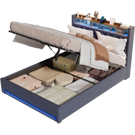 Cama 160x200 cm Tapizada Multifuncional con USB y LED, Amplia Estructura de Listones, Espacio bajo la Cama, Terciopelo Gris - Diseño Moderno