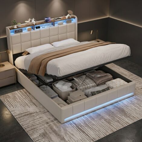 Cama 160x200 con almacenamiento, cama matrimoniales 160x200, cama para adultos, cama tapizada, con somier de láminas, con iluminación LED, carga USB/Tipo C, cabecero con almacenamiento, lino, beige