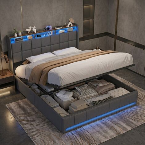 Cama 160x200 con almacenamiento, cama matrimoniales 160x200, cama para adultos, cama tapizada, con somier de láminas, con iluminación LED, carga USB/Tipo C, cabecero con almacenamiento, lino, gris
