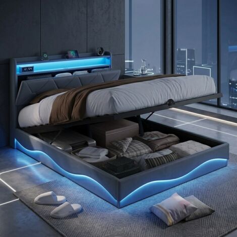 Cama 160x200 con almacenamiento, cama matrimoniales 160x200 con somier, cama adulta, cama tapizada, gran capacidad de almacenamiento, iluminación LED y puertos USB, terciopelo, gris