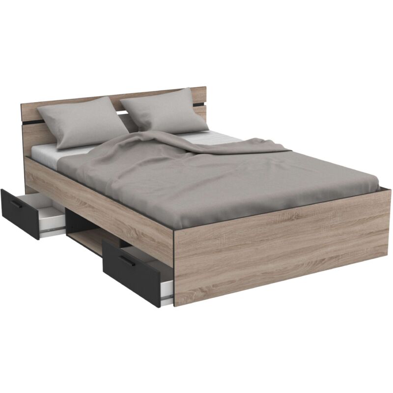 

Cama 2 Cajones Michigan Estilo Industrial Habitación Roble Y Negro 135 O 140 Cm