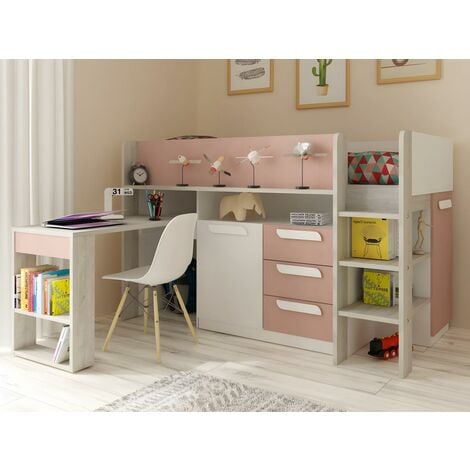 Cama 90 x 200 cm - Con escritorio y compartimentos - Rosa, natural y blanco + colchón - LOUKALA - Vente-unique - Rosa, Color natural claro