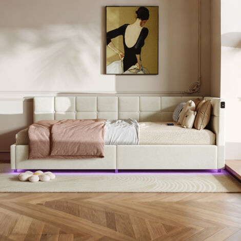 Cama 90x200, cama con canapé 90x200, somier de láminas, LED Y USB, estructura de cama individual 90x200, tejido de terciopelo, beige