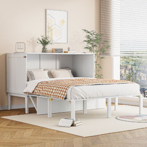 Cama Abatible 140x200 cm Plegable Vertical Con Somier Almacenamiento Blanco (Sin Colchón)