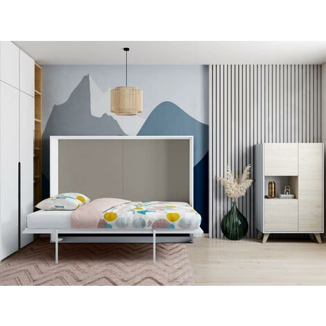 Cama abatible MALINA con apertura horizontal - 140 x 200 cm - Blanco y gris - Venta-unica - Gris