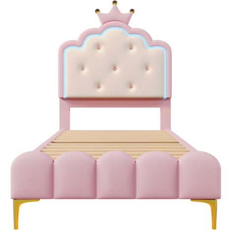 Cama acolchada 90 x 200 cm, con iluminación ambiental, forma de princesa, material PU, rosa