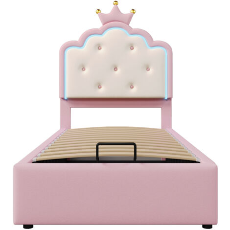 Cama acolchada 90 x 200 cm, con iluminación ambiental, forma de princesa, material PU, rosa