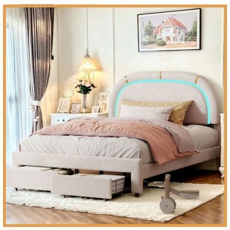 Cama Adulta 140x200 cm, Cabecero Curvado, 2 Cajones y Banda de Luz LED Multicolor RGB, Estilo Moderno Lujo, Tela de Terciopelo Beige