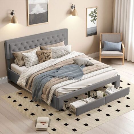 Cama Adulta Hidráulica 180x200 cm con Almacenamiento en Cofre y Gran Cajón - Cama Doble para 2 Personas con Lamas, Terciopelo Gris Diseño Lujoso