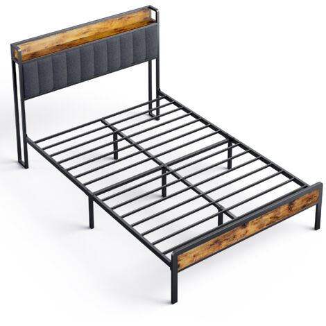 Cama Adulto 140x200 cm en Metal con Cabecero Acolchado en Tela y Almacenamiento, Cama Doble Bealife con Somier de Láminas en Negro y Gris Oscuro