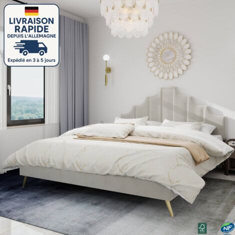 Cama adulto 140x200cm - Cabecero geométrico - estructura de madera recubierta de lana holandesa y acolchada - diseño sencillo y elegante - beige