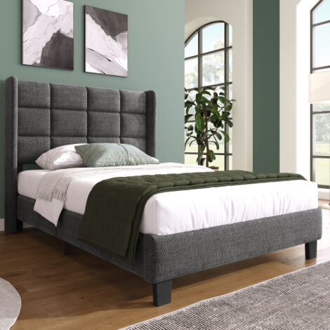 Cama adulto 90x200 cm individual tapizada con cabecero capitoné y somier de láminas de madera, tejido de lino, color gris, sin colchón