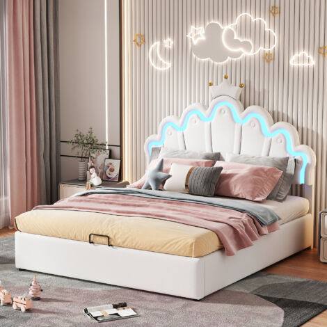 Cama almacenaje 140x200 cm iluminación ambiental cabecero ajustable blanca apta para niños y adolescentes(Sin Colchón)