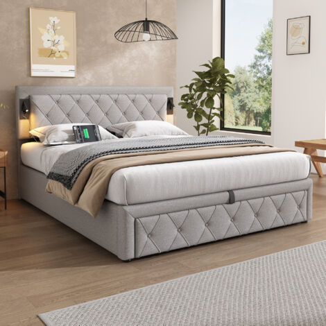 Cama almacenaje 160x200 cm con función de almacenaje hidráulica luz USB somier de láminas de madera color gris lino(Sin Colchón)