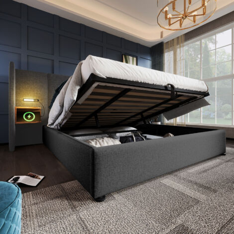 Cama almacenaje 180x200 cm con mesita de noche luz de lectura y carga USB Tipo-C tapizada en tela de lino color gris (Sin Colchón)