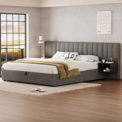 Cama almacenaje 180x200cm somier de listones de madera color gris lino apta para niños adolescentes y adultos (Sin Colchón)