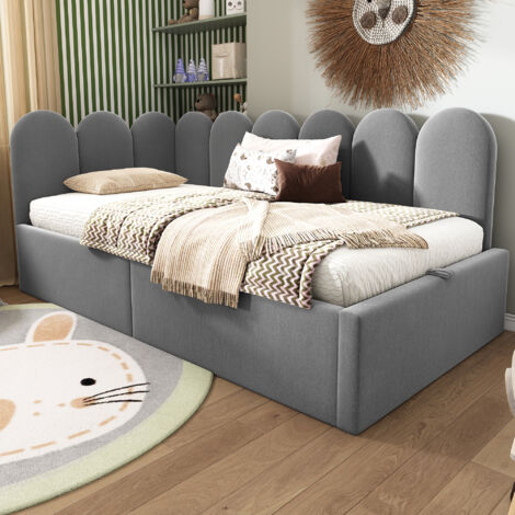 Cama almacenaje 90x200 cm con función de almacenaje hidráulica somier de láminas metálicas tapizada en terciopelo gris(Sin Colchón)