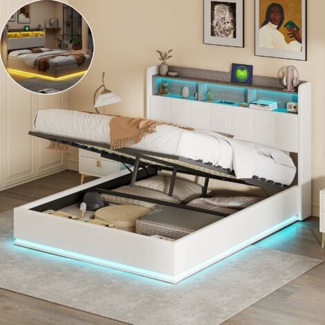PERGAR Cama almacenamiento 140x200 cm, cama matrimoniales, con USB y LED, compartimento de almacenamiento junto a la cama, terciopelo, blanco