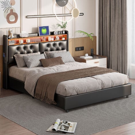 Cama almacenamiento 180x200 cm con baúl, cama matrimoniales, cama adulto tapizada, cama queen size, cabecero con respaldo suave, LED ajustable, puerto de carga, PU, ​​color negro
