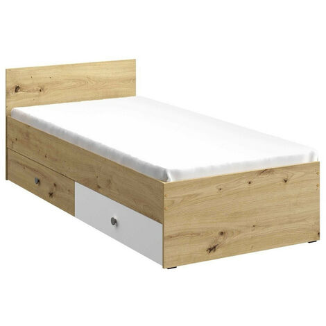 Cama Almira 113, Roble Artisan + Blanco + Gris, Individuales, 90x200, Aglomerado laminado, Somieres, 94x204x72cm