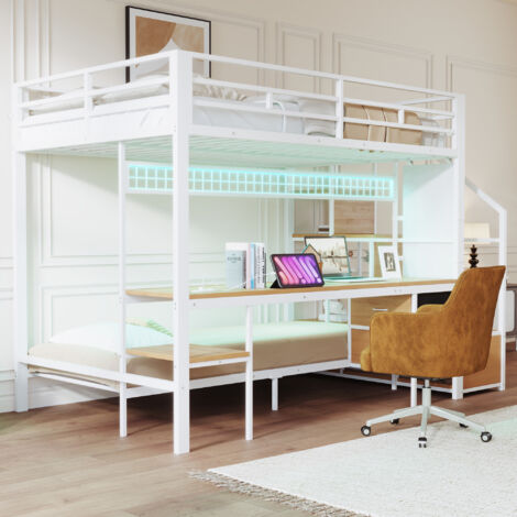 Cama alta 140x200/90x200 cm Iluminación LED Espacio de almacenaje abierto y cajones con escritorio Estructura de metal blanco(Sin colchón)