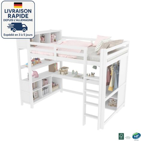 Cama alta 140x200 cm - Estanterías, múltiples espacios de almacenaje, escritorio, armario, colchón no incluido - blanco
