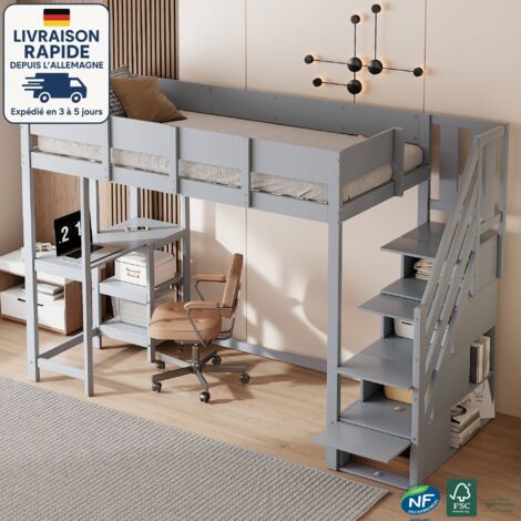 Cama alta 90 x 200 cm - Cama individual infantil con escalera - Estante de pino macizo con somier - Con mucho espacio de almacenamiento y escritorio - Gris