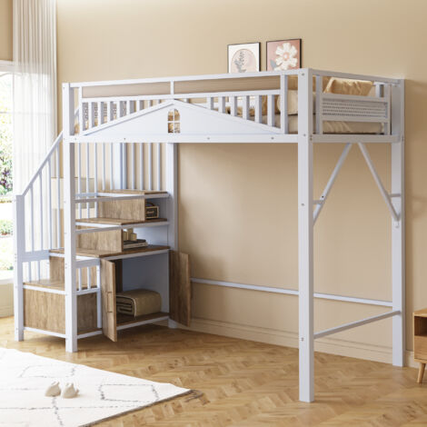 Cama alta 90 x 200 cm - cama infantil de metal con ventana, escalera de seguridad con taquilla - blanco