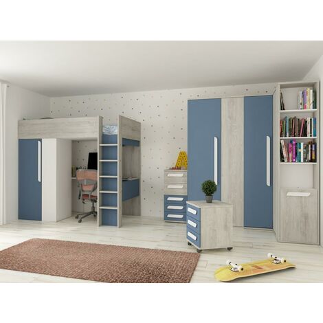 Cama alta 90 x 200 con armario y escritorio - Azul y blanco NICOLAS - Vente-unique - Azul, Blanco