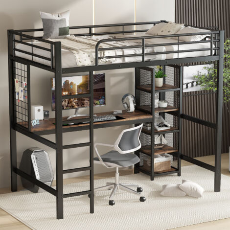 Cama alta 90×200 cm, Cama Individual con Escritorio, Armario con Estantes y Rejilla Metálica, sin Colchón, MDF y Metal, Negro