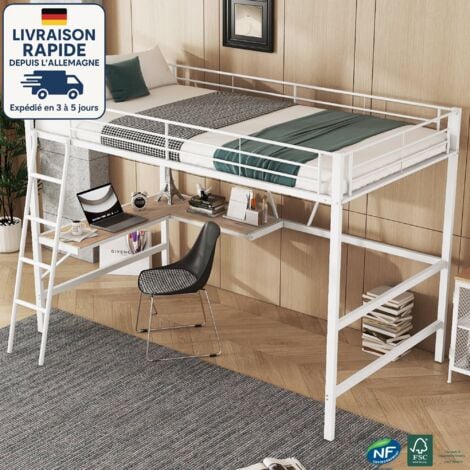 MODFU Cama alta 90x200 cm, cama de metal con escritorio en L y estante, sin colchón, muebles de dormitorio, color blanco