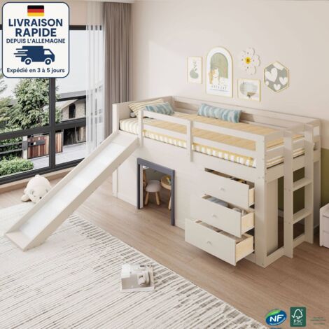 Cama alta 90x200 cm - Cama infantil 90x200 cm - Con guías, tres cajones y dos puertas - Madera con certificación PEFC - Color crema