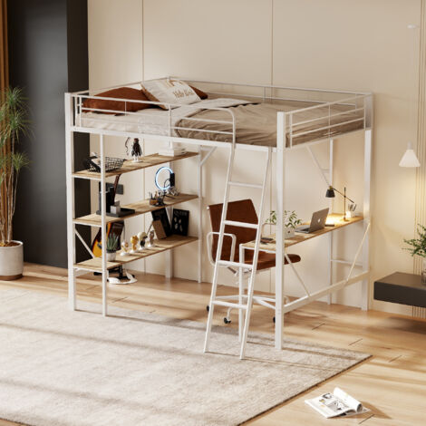 Cama Alta 90x200 Cm Escritorio Y Baldas Metal Blanco