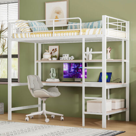 Cama Alta 90x200 Cm Estructura Metal Y Mdf Blanco