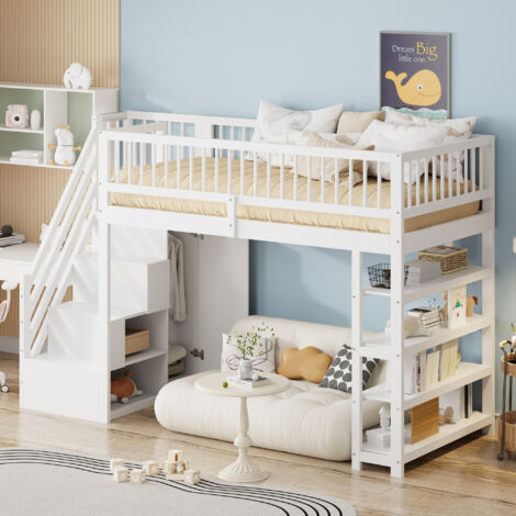 Cama alta 90x200cm con almacenamiento multifunción madera maciza seguridad escalera color blanca (Sin colchón)