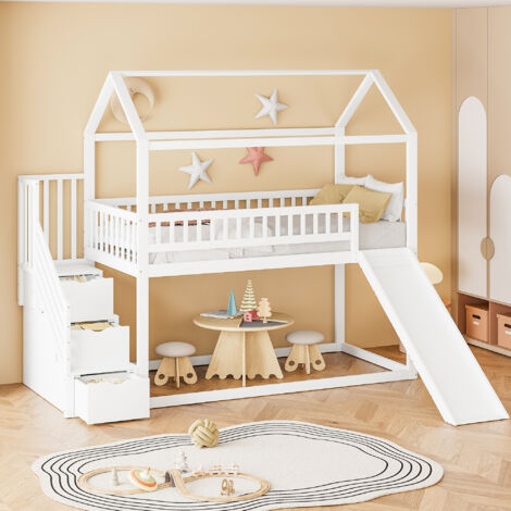 Cama alta 90x200cm con tobogán y escalera con almacenaje madera diversión y seguridad color blanco(Sin colchón)