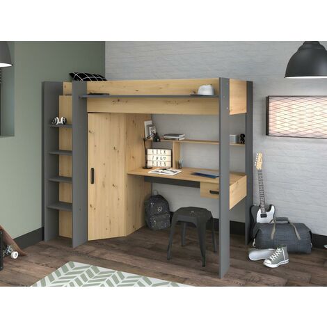 Cama alta AUCKLAND con escritorio y armario - 90 x 200 cm - roble y antracita - Venta-unica - Gris antracita, Color natural claro