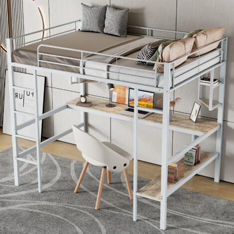 Cama alta, cama infantil 90x200 cm, con escritorio plano y estante de almacenamiento, metal, blanco
