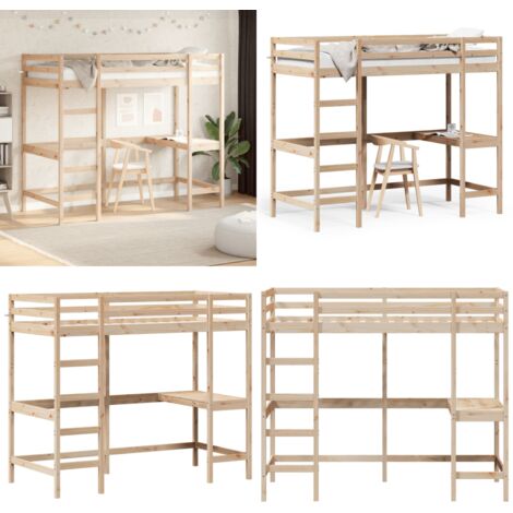 Cama alta con escritorio madera maciza de pino 90x200 cm - Madera maciza de pino - Cama con barandillas