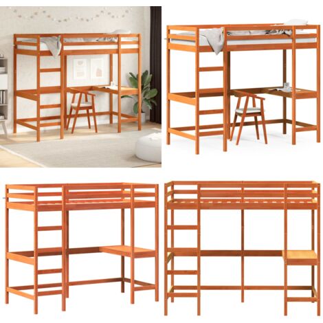 Cama alta con escritorio madera maciza pino marrón 90x190 cm - Madera maciza - Cama con escritorio