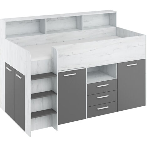 Cama alta con escritorio NEO lado izquierdo blanco artesanal / grafito