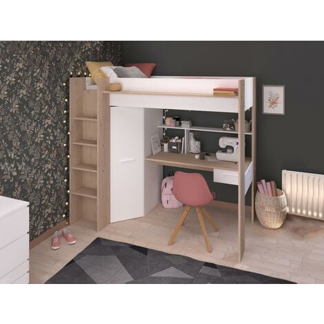 Cama alta con escritorio y armario - 90 x 200 cm - Color: blanco y natural - AUCKLAND - Vente-unique - Color natural claro, Blanco