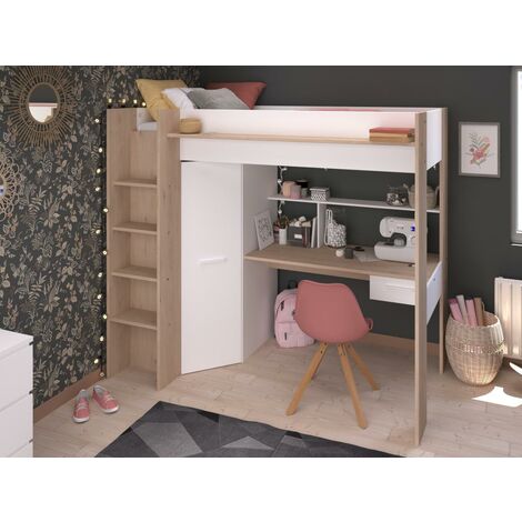Cama alta con escritorio y armario - 90 x 200 cm - Color: blanco y natural + colchón - AUCKLAND - Venta-unica - Madera clara, Blanco