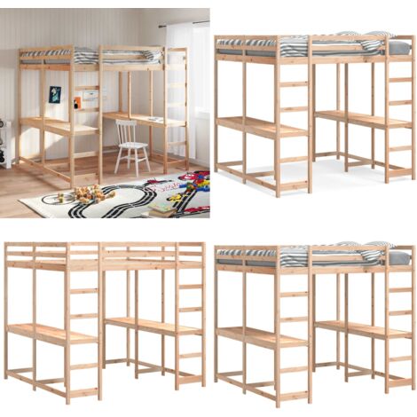 Cama alta con escritorio y escalera madera maciza 140x200 cm - Escritorio - Escalera