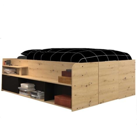 Cama alta con somier incluido y espacio de almacenamiento en color Roble y Negro 135/140x193/200 cm