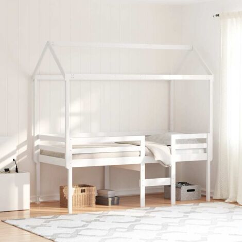 Cama alta con techo blanca madera maciza pino blanca 90x200 cm